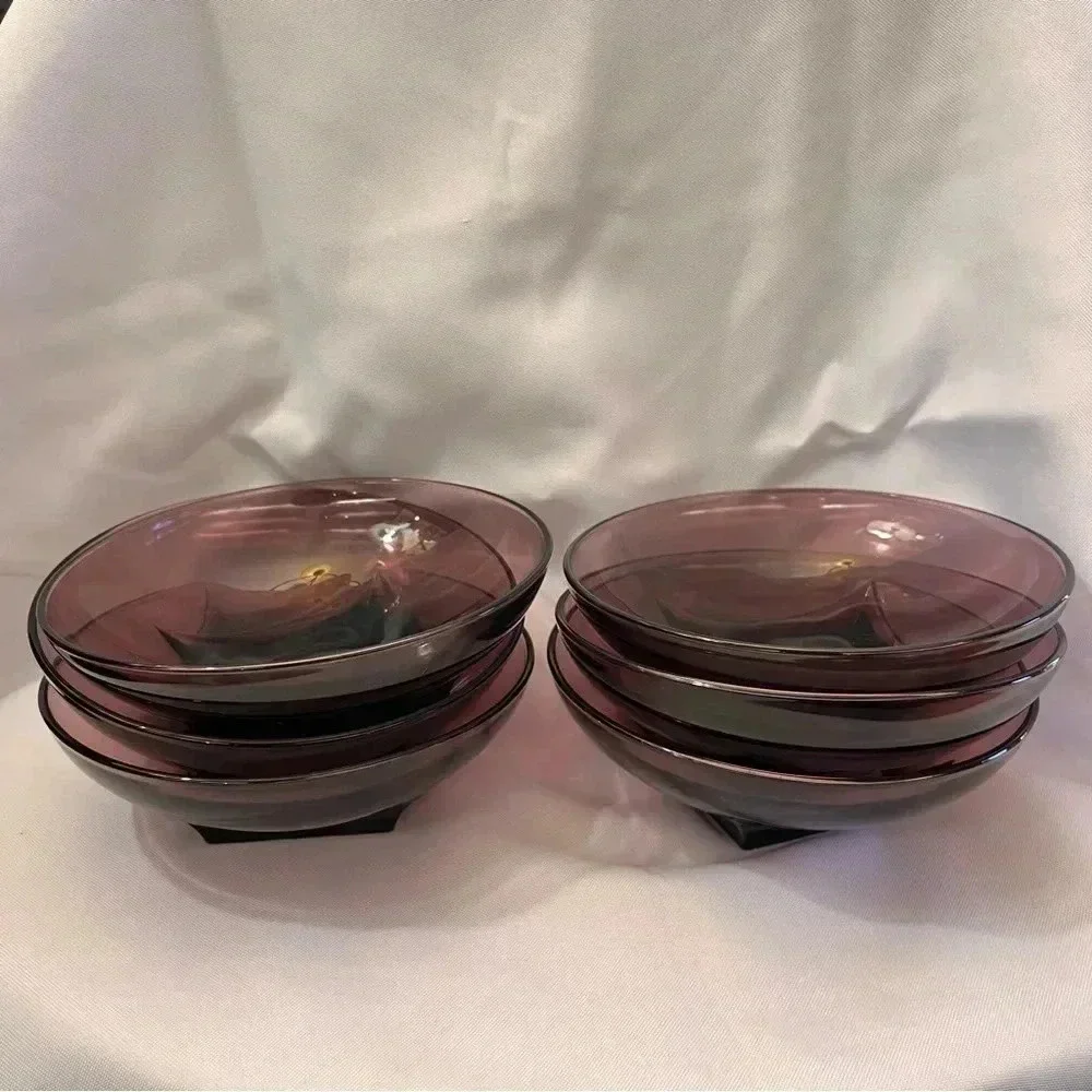 GORGEOUS Vintage Set of 6 Square Base Amethyst Purple Glass Salad Bowls